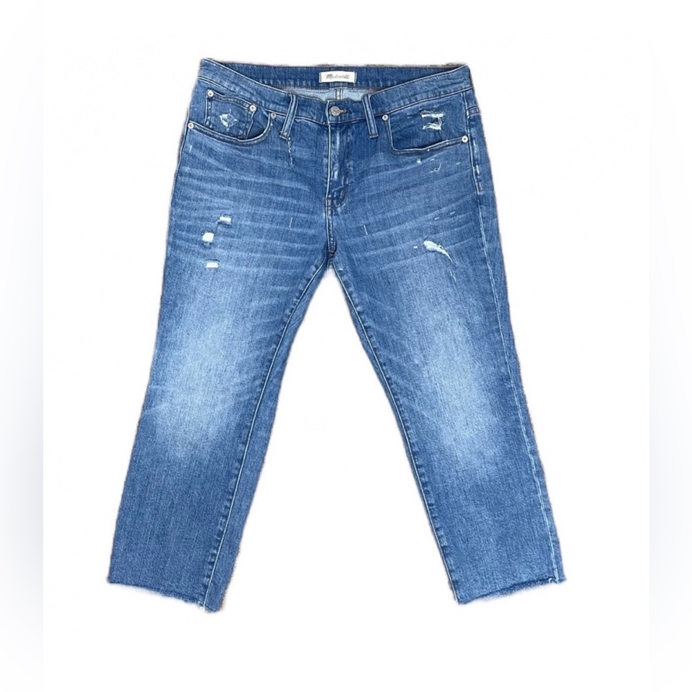 MADEWELL the slim boyjean distressed jean light to medium wash with raw hem